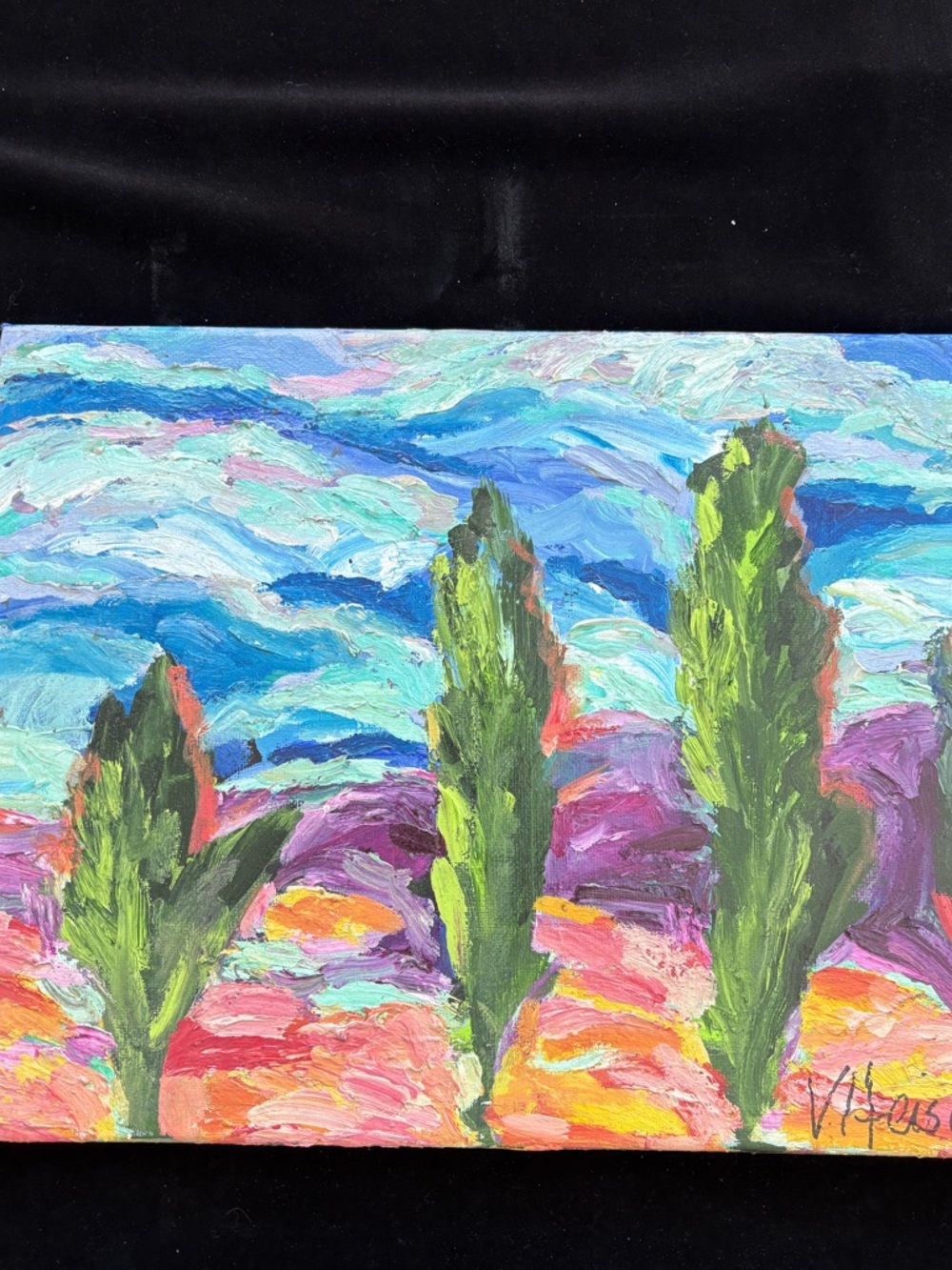 “Cypress Trees Stormy  Sky”Original Acrylic Painting 14”x11”on Canvas
